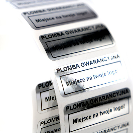 z_usl_nad_p 30x11 mm plomby gwarancyjne VOID SREBRNE nadruk CZARNY 100 szt.