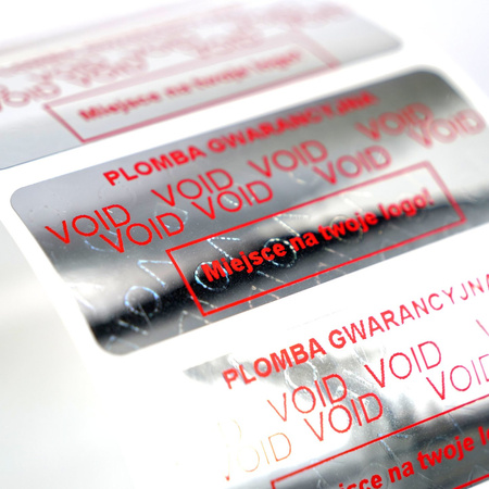 z_usl_nad_p 45x18 mm plomby gwarancyjne VOID SREBRNE nadruk CZERWONY 100 szt.