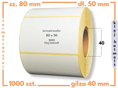 80x50 mm etykiety termotransferowe 1000 szt. gilza 40 klej HOTMELT samoprzylepne białe naklejki 80/50