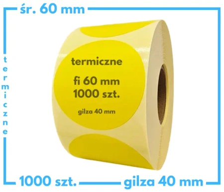 60 mm okrągłe etykiety termiczne 1000 szt. gilza 40 mm samoprzylepne żółte
