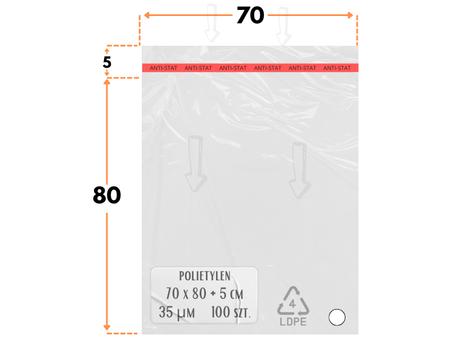 70x80 +5 cm worki foliowe z taśmą klejącą na odzież 700x800 +50 mm ldPE 100 szt 