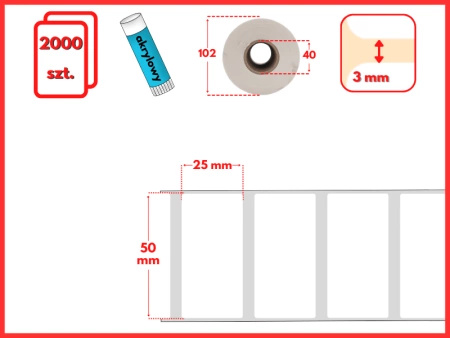 białe 50x25 mm etykiety FOLIOWE 2000 szt. gilza 40 mm termotransfer