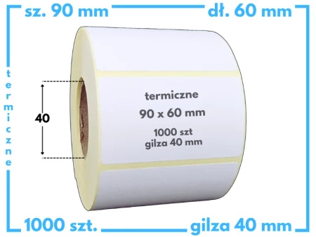 90x60 mm etykiety termiczne 1000 szt. gilza 40 mm samoprzylepne białe