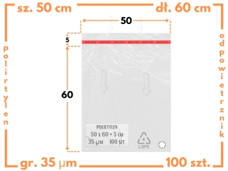 50x60 cm worki foliowe z taśmą klejącą na odzież 500x600 mm ldPE 100 szt 