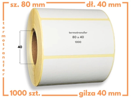 80x40 mm etykiety termotransferowe 1000 szt. gilza 40 samoprzylepne białe naklejki 80/40