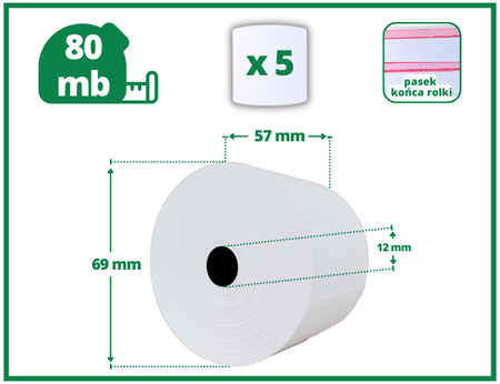 Rolki termiczne 57x80 do kasy fiskalnej 5 szt. 57mm / 80mb