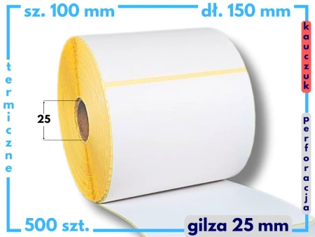 100x150 mm etykiety termiczne 500 szt. gilza 25 KAUCZUK samoprzylepne białe 100/150 żółty podkład