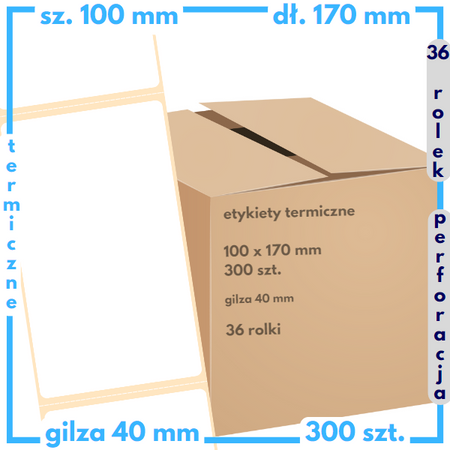 karton etykiet 100x170 mm termiczne 300 szt. 36 rol. PERFORACJA samoprzylepne białe