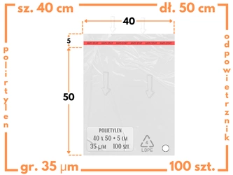 40x50 +5 cm worki foliowe z taśmą klejącą na odzież 400x500 +50 mm ldPE 100 szt 