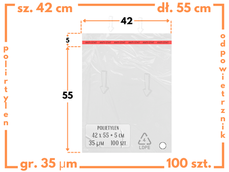 42x55 +5 cm worki foliowe z taśmą klejącą na odzież 420x550 +50 mm ldPE 100 szt 