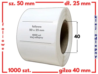 białe 50x25 mm etykiety FOLIOWE 1000 szt. klej ODLEPNY