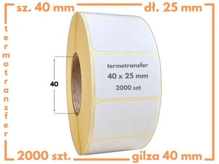 40x25 mm etykiety 2000 szt. gilza 40 samoprzylepne termotransferowe białe