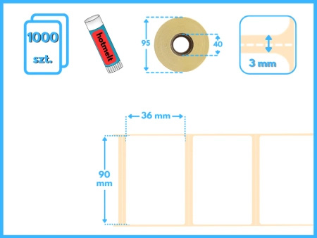 90x36 mm etykiety termiczne 1000 szt. gilza 40 mm kelj hotmelt perforacja samoprzylepne białe