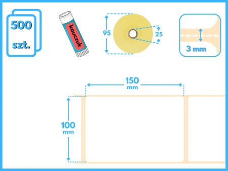 100x150 mm etykiety termiczne 500 szt. gilza 25 KAUCZUK samoprzylepne białe 100/150 żółty podkład