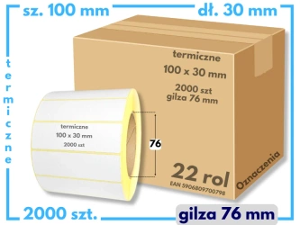 karton 100x30 mm etykiety termiczne 2000 szt. gilza 76 samoprzylepne białe 100*30 x22