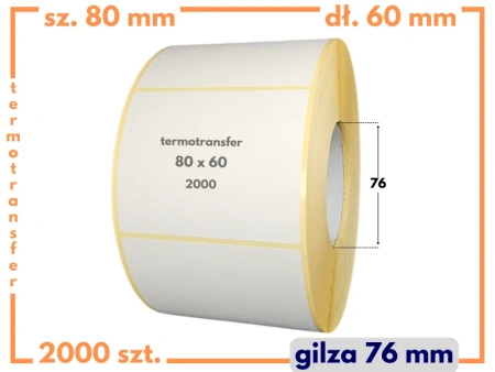 80x60 mm etykiety termotransferowe 2000 szt. gilza 76 samoprzylepne białe naklejki 80/60