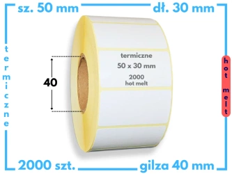 50x30 mm etykiety termiczne 2000 szt. gilza 40 HOT-MELT samoprzylepne białe 50/30