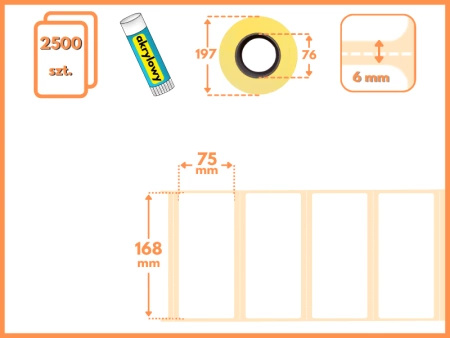 168x75 mm etykiety termotransferowe 2500 szt. gilza 76 perforacja samoprzylepne białe naklejki 168/75