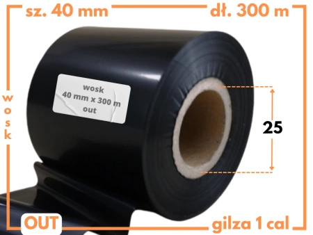 40x300 kalka WOSKOWA taśma termotransferowa wosk 40mm 300m czarna OUT