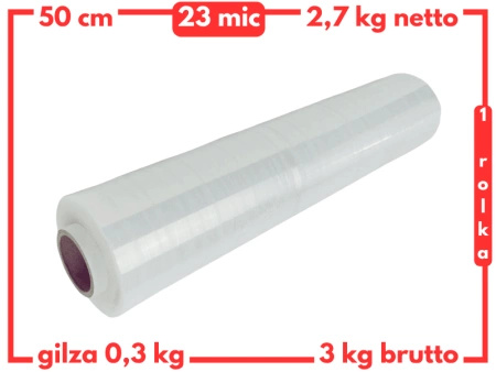 50 cm folia stretch 3 kg brutto (2,7 kg netto) przeźroczysta 23 mic - strecz transparentny mocny i wydajny