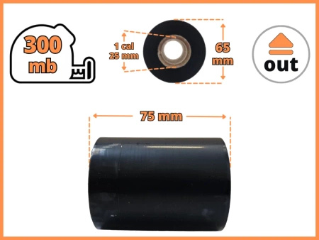 75x300 kalka WOSKOWA taśma termotransferowa wosk 75mm 300m czarna OUT