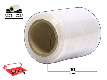 10 cm folia stretch 0,3 kg brutto (0,26 kg netto) bezbarwna 23 mic - minirap strecz mocny i wydajny