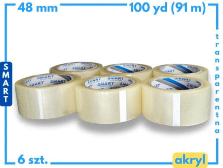 zgrzewka akryl 48mm x 100yd (91m) Smart BEZBARWNA taśma klejąca 48/100 pakowa 6 sztuk