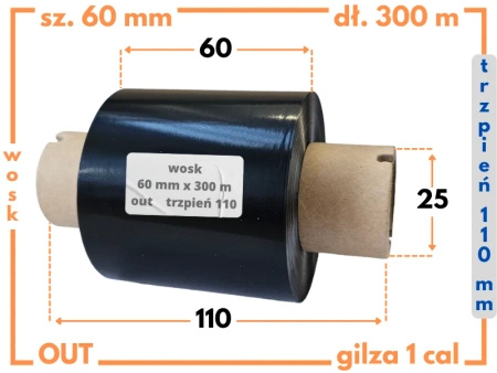 60x300 kalka WOSKOWA taśma termotransferowa wosk 60mm 300m czarna OUT