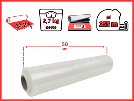 50 cm folia stretch 3 kg brutto (2,7 kg netto) przeźroczysta 23 mic - strecz transparentny mocny i wydajny