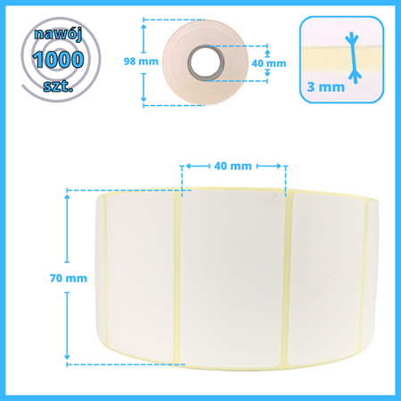 karton etykiet 70x40 mm termiczne1000 szt. 51 rol. samoprzylepne białe