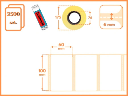 100x60 mm etykiety termotransferowe 2500 szt. PERFORACJA klej HOTMELT gilza 76 samoprzylepne białe naklejki 100/60