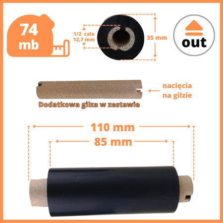 85x74 kalka WOSKOWA taśma termotransferowa wosk 85mm 74m czarna OUT