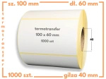 100x60 mm etykiety termotransferowe 1000 szt. gilza 40 samoprzylepne białe naklejki 100/60