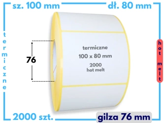 100x80 mm etykiety termiczne 2000 szt. gilza 76 HOT MELT  samoprzylepne białe 100/80