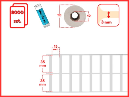 białe 35x15 mm etykiety FOLIOWE dwurzędowe 8000 szt. gilza 40 mm termotransfer