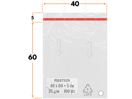 40x60 +5 cm worki foliowe z taśmą klejącą na odzież 400x600 +50 mm ldPE 100 szt 