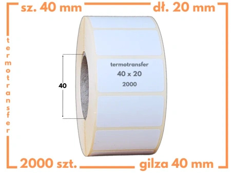 40x20 mm etykiety termotransferowe 2000 szt. gilza 40 samoprzylepne białe naklejki 40/20