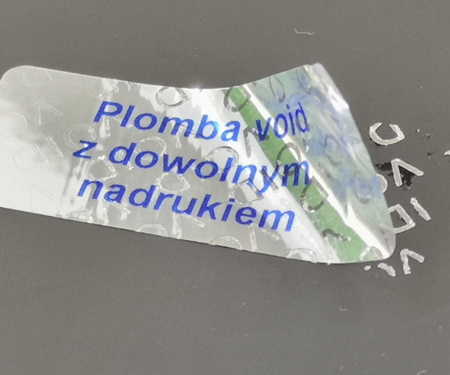 z_usl_nad_p 45x18 mm plomby gwarancyjne VOID SREBRNE nadruk NIEBIESKI 100 szt.