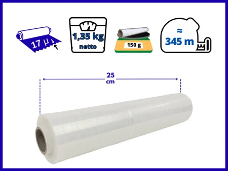 25 cm folia stretch 1,5 kg brutto (1,35 kg netto) przeźroczysta 17 mic - strecz transparentny mocny i wydajny
