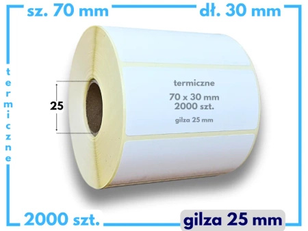 70x30 mm etykiety termiczne 2000 szt. gilza 40 akryl samoprzylepne białe 70*30