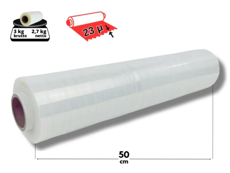 50 cm folia stretch 3 kg brutto (2,7 kg netto) przeźroczysta 23 mic - strecz transparentny mocny i wydajny