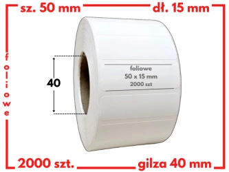 białe 50x15 mm etykiety FOLIOWE 2000 szt. gilza 40 mm termotransfer