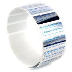 z_usl_nad_p 30x11 mm plomby gwarancyjne VOID SREBRNE nadruk NIEBIESK 100 szt.