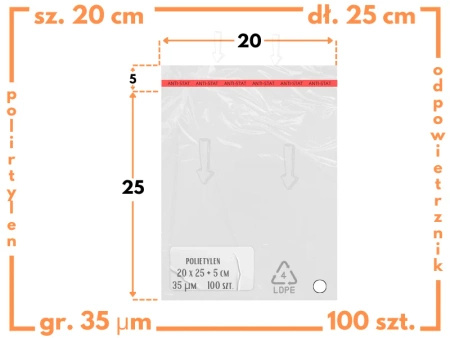 20x25 +5 cm worki foliowe z taśmą klejącą na odzież 200x250  +50 mm ldPE 100 szt 