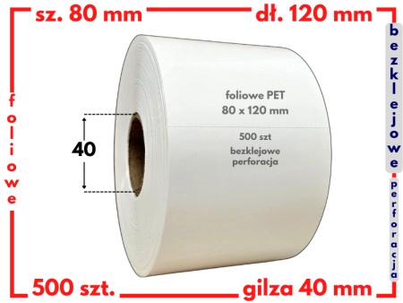 białe 80x120 mm etykiety FOLIOWE PET bezklejowe 500 szt gilza 40 termotransferowe