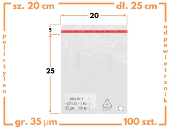 20x25 +5 cm worki foliowe z taśmą klejącą na odzież 200x250  +50 mm ldPE 100 szt 