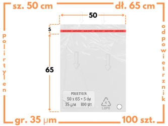 50x65 +5 cm worki foliowe z taśmą klejącą na odzież 500x650 +50 mm ldPE 100 szt 