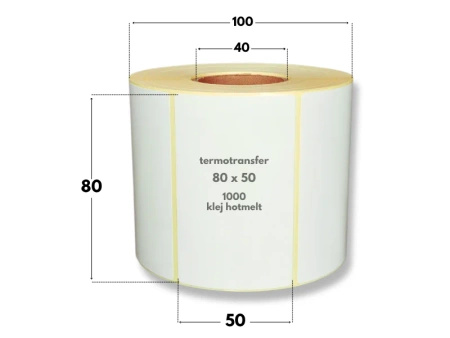 80x50 mm etykiety termotransferowe 1000 szt. gilza 40 klej HOTMELT samoprzylepne białe naklejki 80/50