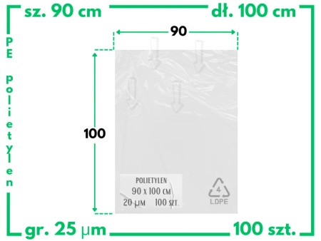 90x100 cm polietylenowe worki foliowe 100 szt. (900x1000 mm)