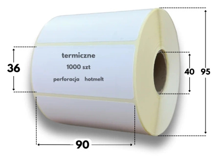 90x36 mm etykiety termiczne 1000 szt. gilza 40 mm kelj hotmelt perforacja samoprzylepne białe